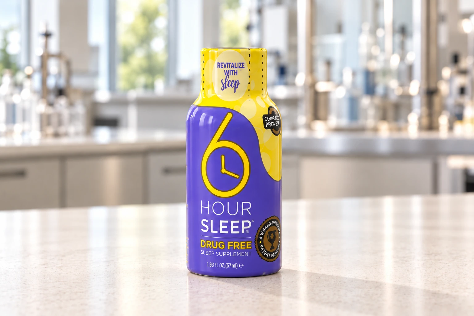 Yellow and violet 6 Hour Sleep bottle with the clock-shaped number six