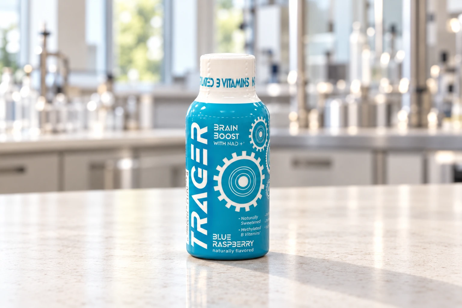Cyan and white Brain Boost Blue Raspberry bottle with gear artwork