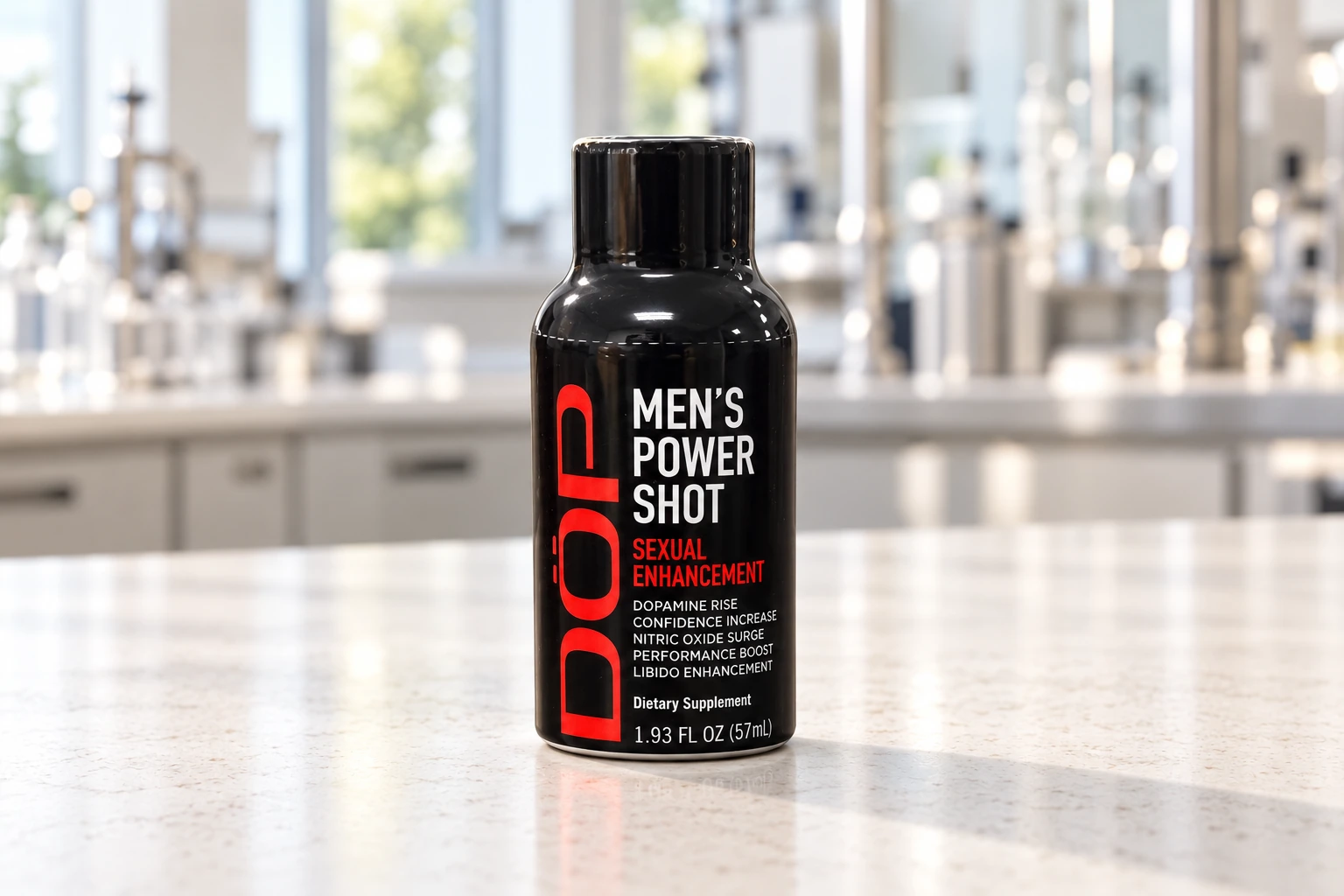 Black DOP Men’s Power Shot bottle with red and white lettering