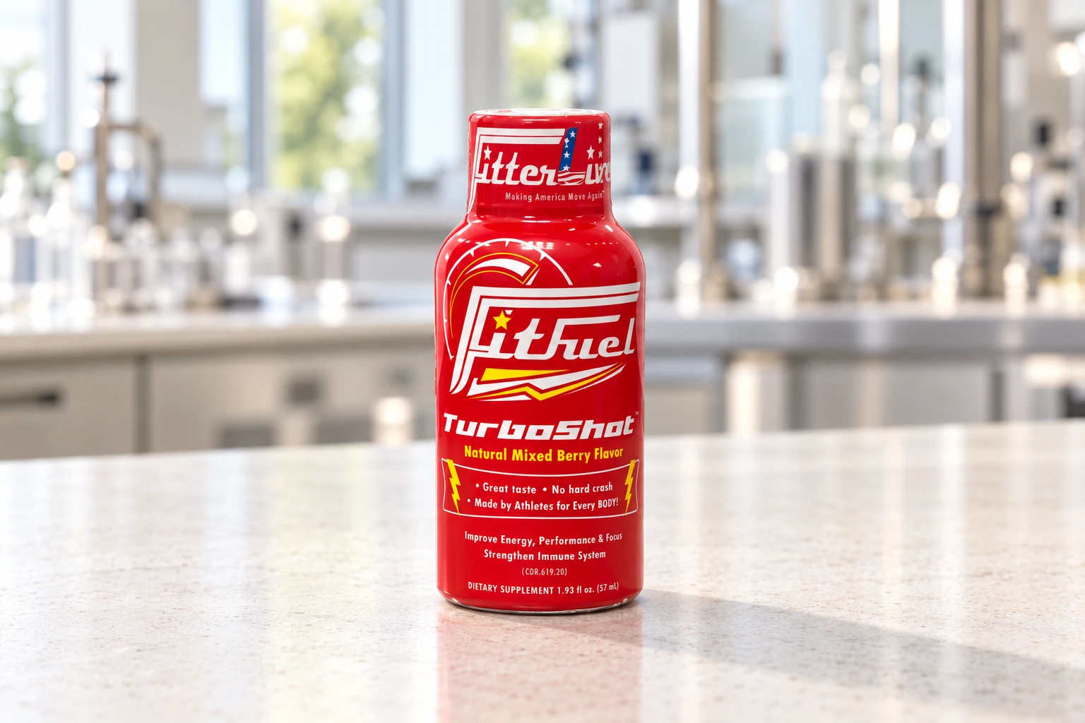 Red FitFuel TurboShot bottle in Natural Mixed Berry packaging