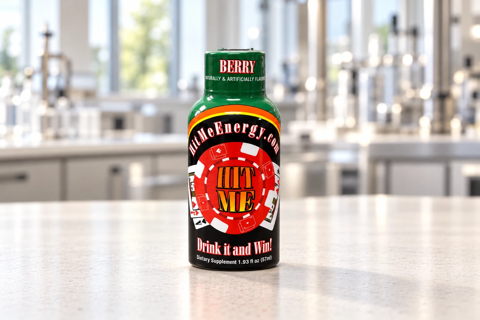 Hit Me Berry shot bottle with its red poker-chip artwork and green cap