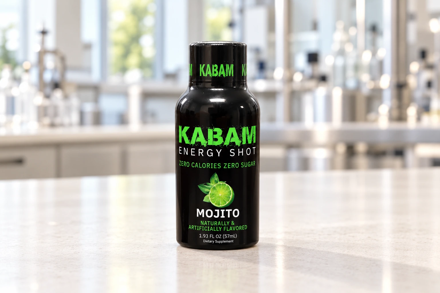 Black KABAM Mojito shot bottle with its green label
