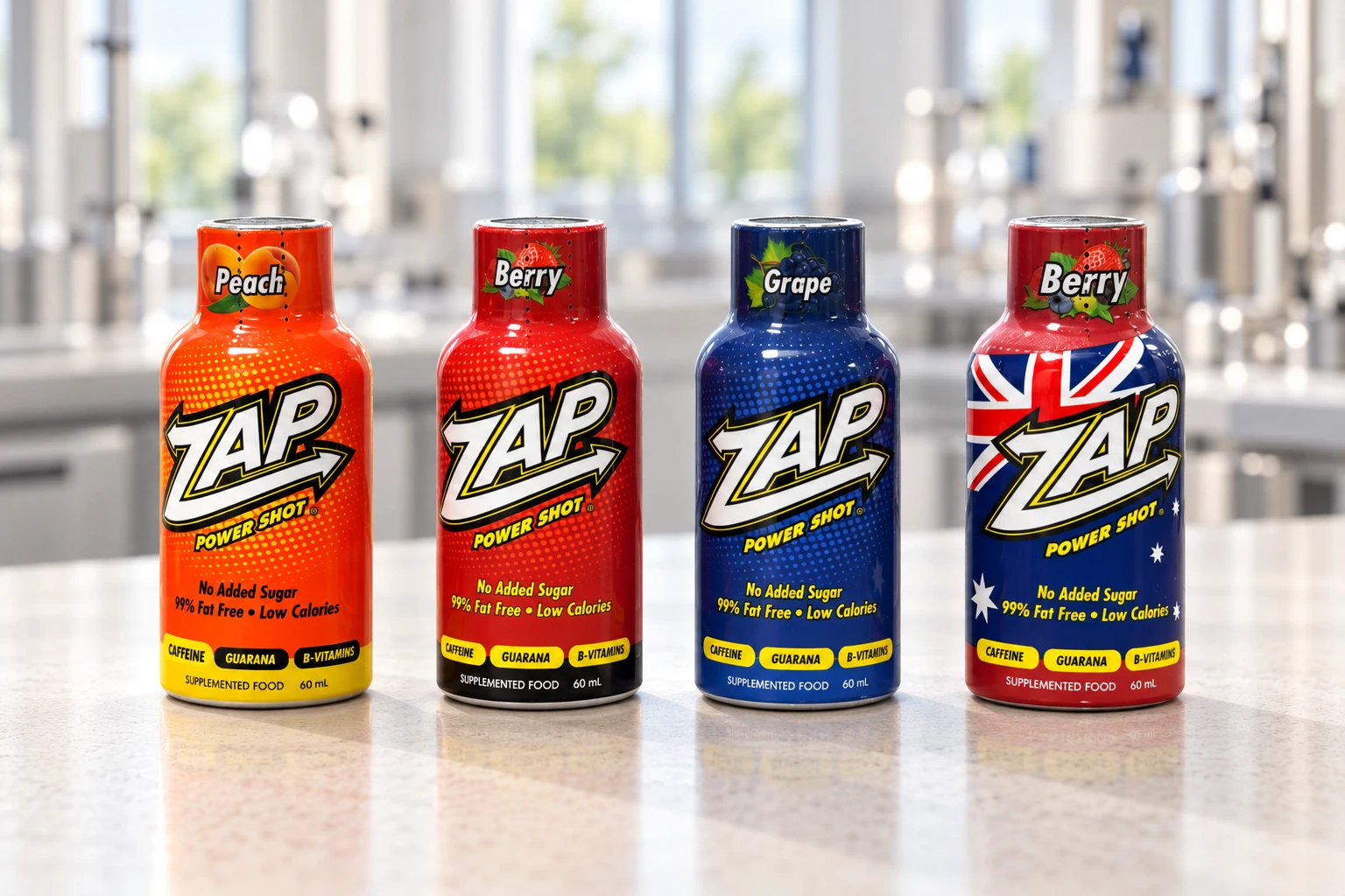 Four ZAP Power Shot bottles, including the Australian flag sleeve