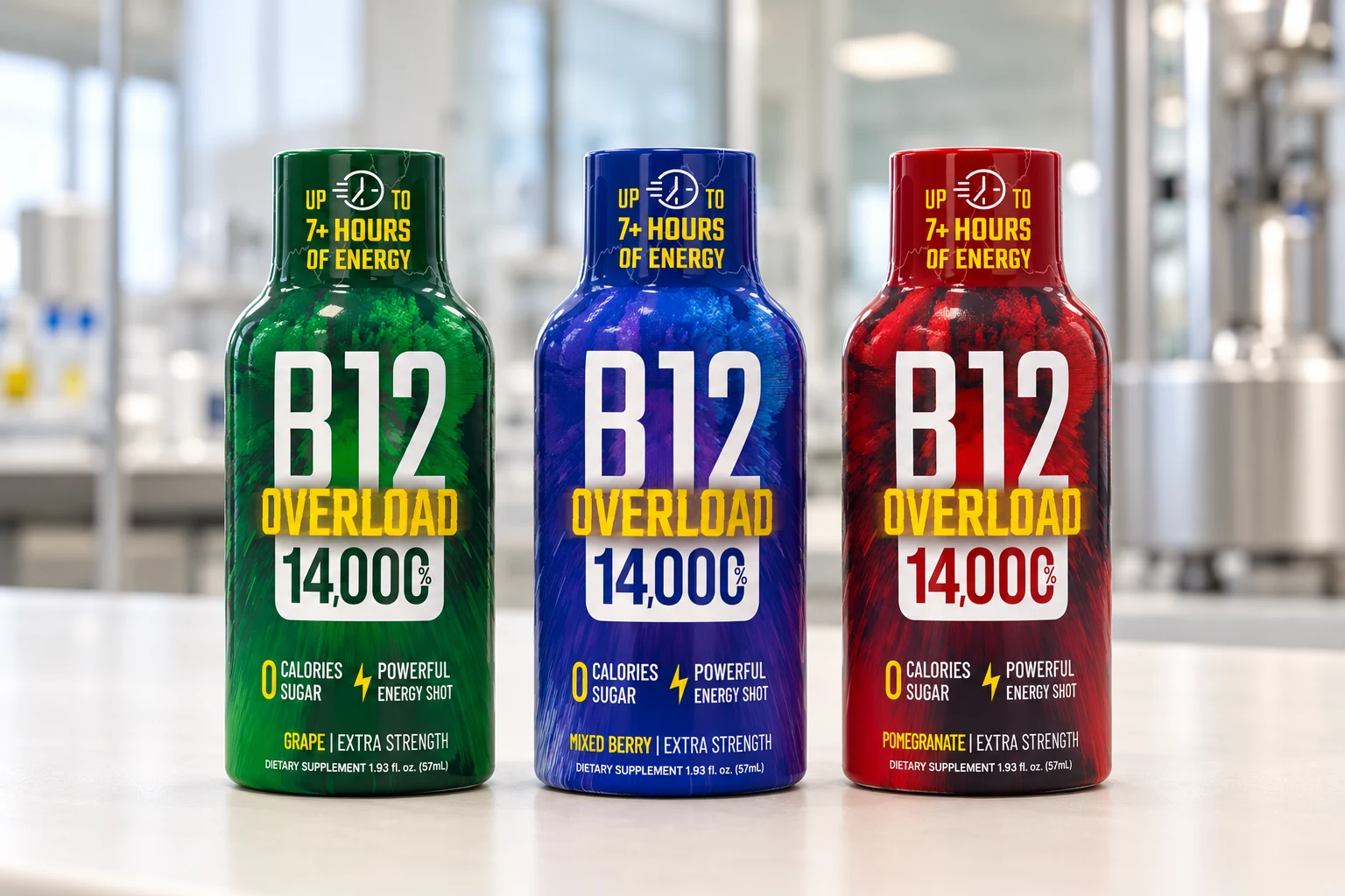 B12 Overload Grape, Mixed Berry and Pomegranate bottles in a clean lab setting