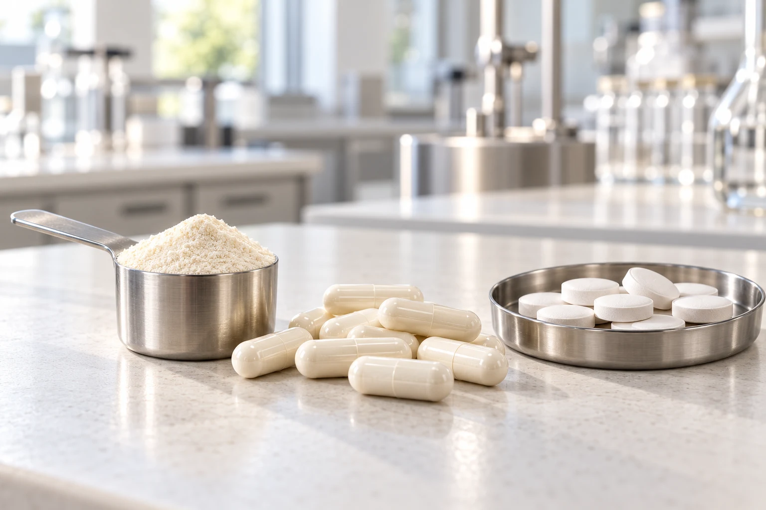 Powder, capsules and tablets on a clean work surface