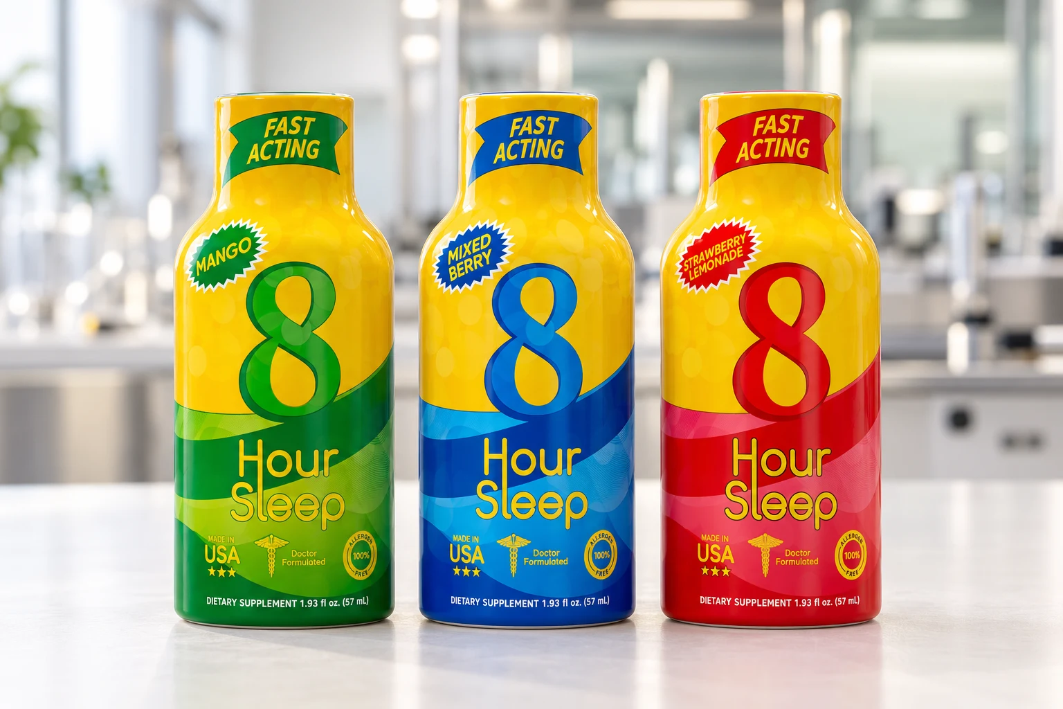 Front-facing 8 Hour Sleep Mango, Mixed Berry and Strawberry Lemonade bottles